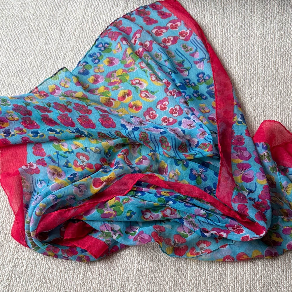 Moshi Large Floral Blue Scarf with Pink Border